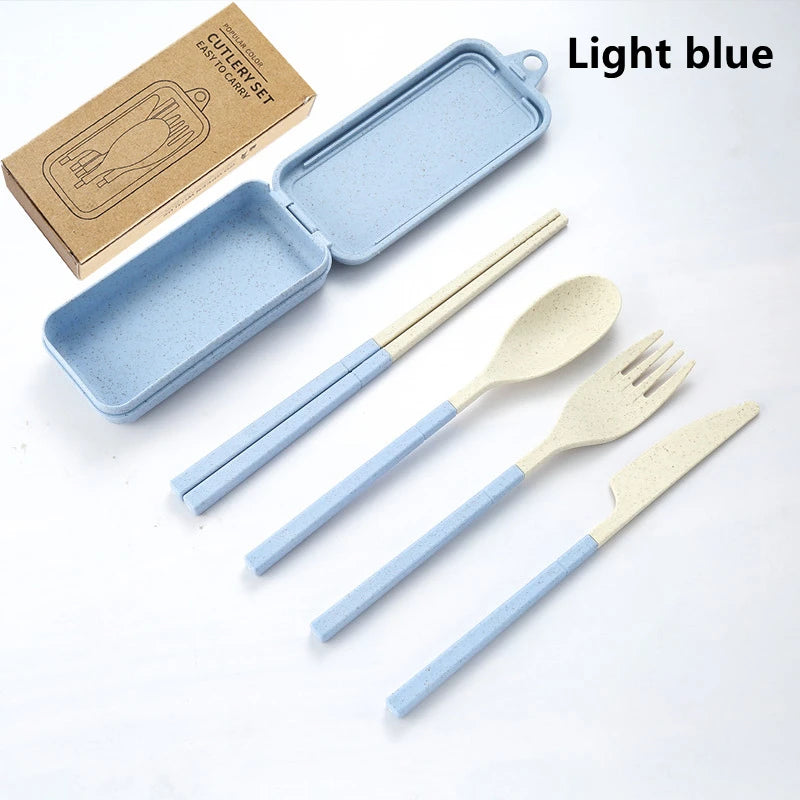 4Pcs Portable Tableware Set Wheat Straw Dinnerware Detachable Cutlery Travel Tableware Picnic Dinnerware Set Camping Cutlery Set