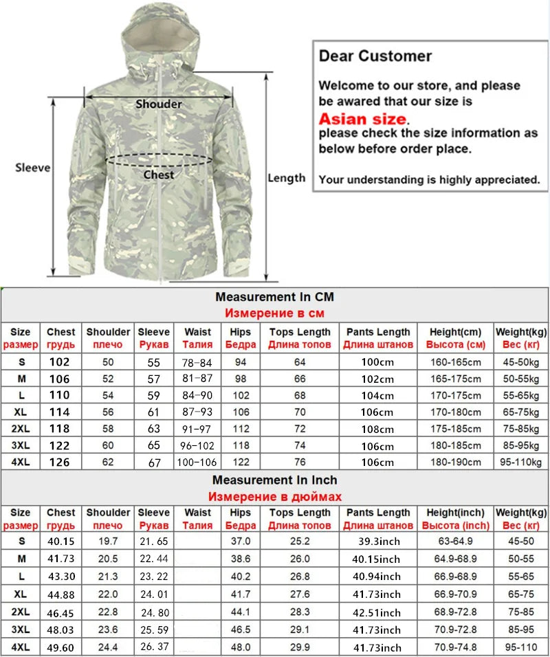 5XL 6XL Men's Tactical Hiking Shark Skin Soft Shell Wind Proof Waterproof Hooded Thermal Outdoors Field Tactical Jacket Pants