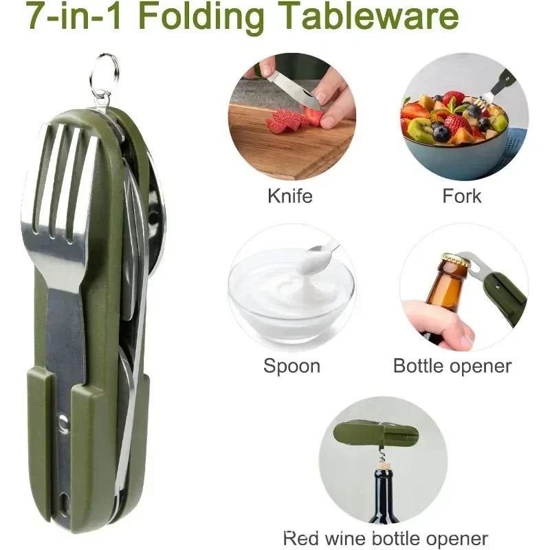 Outdoor Camp Tableware Survival Tools 7 in 1 Multifunctional Stainless Steel Foldable Fork Spoon Knife Picnic Camping Dinnerware