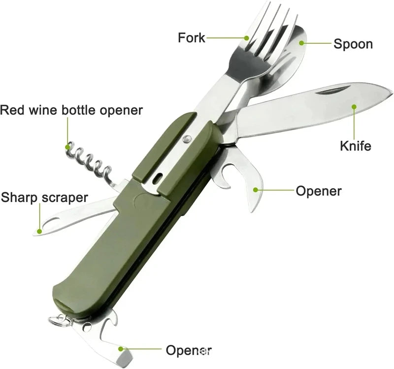 Outdoor Camp Tableware Survival Tools 7 in 1 Multifunctional Stainless Steel Foldable Fork Spoon Knife Picnic Camping Dinnerware