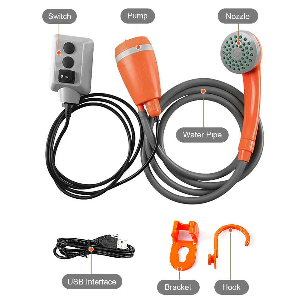 Tomshoo Portable Camping Shower Outdoor Camping Shower Pump Rechargeable Shower Head Outdoor Traveling Equipment Hiking Supplies