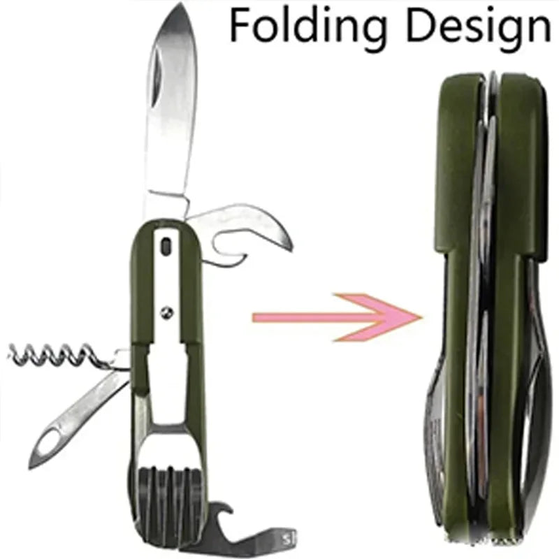 Outdoor Camp Tableware Survival Tools 7 in 1 Multifunctional Stainless Steel Foldable Fork Spoon Knife Picnic Camping Dinnerware