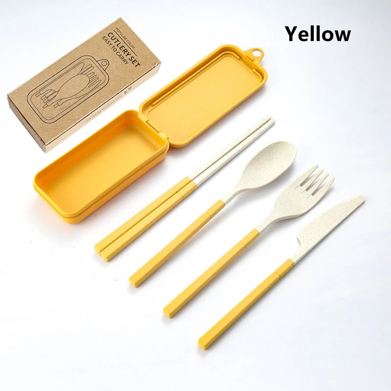 4Pcs Portable Tableware Set Wheat Straw Dinnerware Detachable Cutlery Travel Tableware Picnic Dinnerware Set Camping Cutlery Set