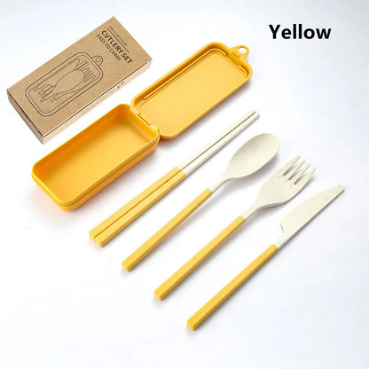 4Pcs Portable Tableware Set Wheat Straw Dinnerware Detachable Cutlery Travel Tableware Picnic Dinnerware Set Camping Cutlery Set