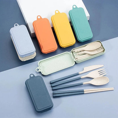 4Pcs Portable Tableware Set Wheat Straw Dinnerware Detachable Cutlery Travel Tableware Picnic Dinnerware Set Camping Cutlery Set