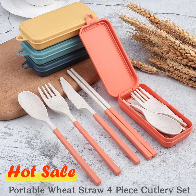 4Pcs Portable Tableware Set Wheat Straw Dinnerware Detachable Cutlery Travel Tableware Picnic Dinnerware Set Camping Cutlery Set