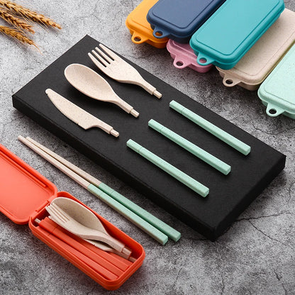 4Pcs Portable Tableware Set Wheat Straw Dinnerware Detachable Cutlery Travel Tableware Picnic Dinnerware Set Camping Cutlery Set