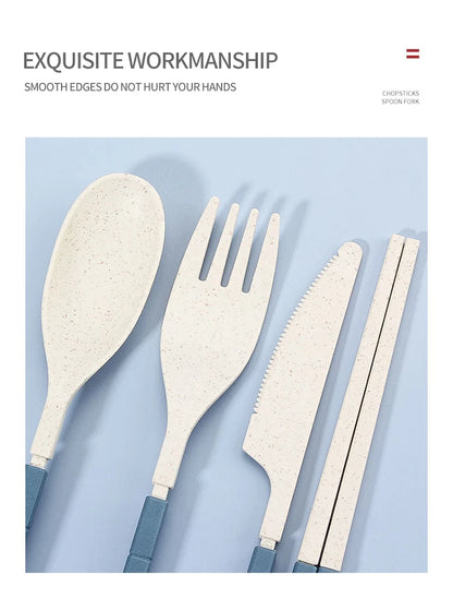 4Pcs Portable Tableware Set Wheat Straw Dinnerware Detachable Cutlery Travel Tableware Picnic Dinnerware Set Camping Cutlery Set