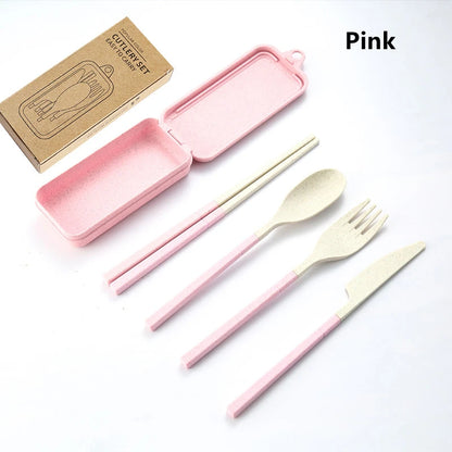 4Pcs Portable Tableware Set Wheat Straw Dinnerware Detachable Cutlery Travel Tableware Picnic Dinnerware Set Camping Cutlery Set