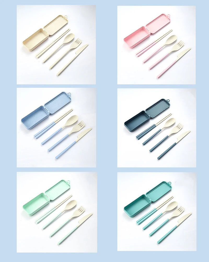 4Pcs Portable Tableware Set Wheat Straw Dinnerware Detachable Cutlery Travel Tableware Picnic Dinnerware Set Camping Cutlery Set