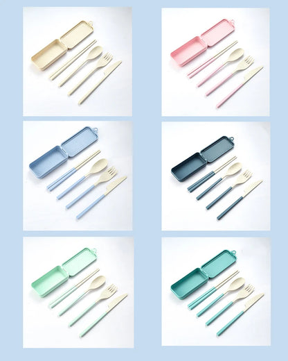 4Pcs Portable Tableware Set Wheat Straw Dinnerware Detachable Cutlery Travel Tableware Picnic Dinnerware Set Camping Cutlery Set