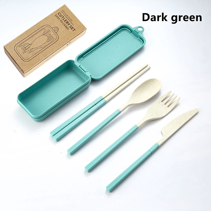 4Pcs Portable Tableware Set Wheat Straw Dinnerware Detachable Cutlery Travel Tableware Picnic Dinnerware Set Camping Cutlery Set
