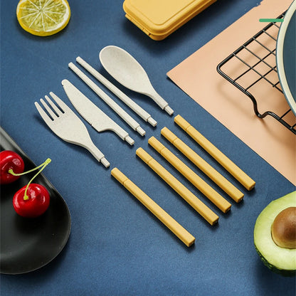 4Pcs Portable Tableware Set Wheat Straw Dinnerware Detachable Cutlery Travel Tableware Picnic Dinnerware Set Camping Cutlery Set