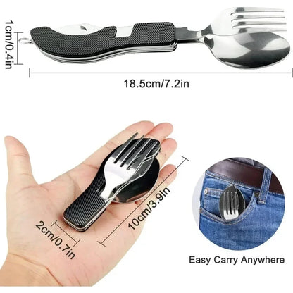 Outdoor Camp Tableware Survival Tools 7 in 1 Multifunctional Stainless Steel Foldable Fork Spoon Knife Picnic Camping Dinnerware
