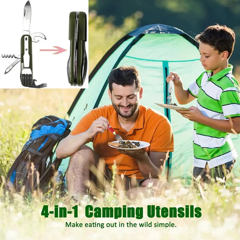 Outdoor Camp Tableware Survival Tools 7 in 1 Multifunctional Stainless Steel Foldable Fork Spoon Knife Picnic Camping Dinnerware