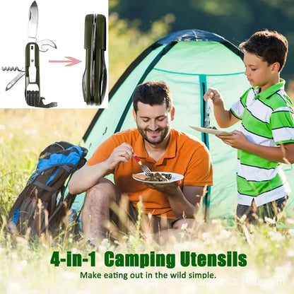 Outdoor Camp Tableware Survival Tools 7 in 1 Multifunctional Stainless Steel Foldable Fork Spoon Knife Picnic Camping Dinnerware