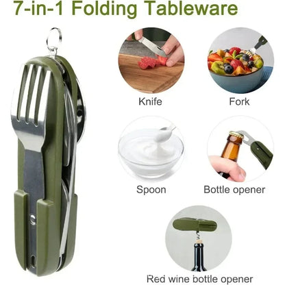 Outdoor Camp Tableware Survival Tools 7 in 1 Multifunctional Stainless Steel Foldable Fork Spoon Knife Picnic Camping Dinnerware