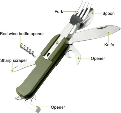 Outdoor Camp Tableware Survival Tools 7 in 1 Multifunctional Stainless Steel Foldable Fork Spoon Knife Picnic Camping Dinnerware