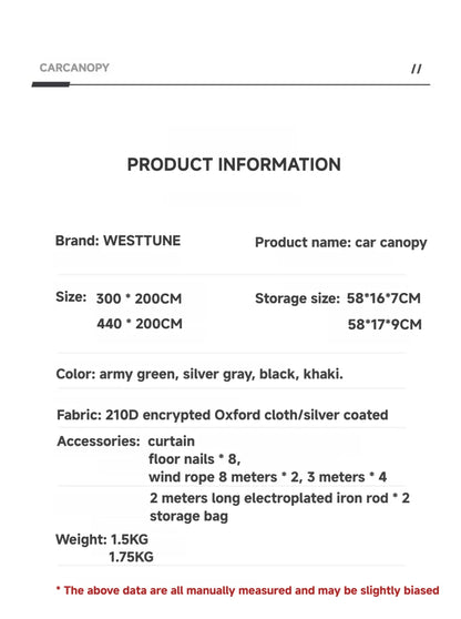 WESTTUNE Portable Car Awning Tarp Lightweight Vehicle Awning for Camping Outdoor Rear Vehicle Awning Shelter for Van MPV Campers