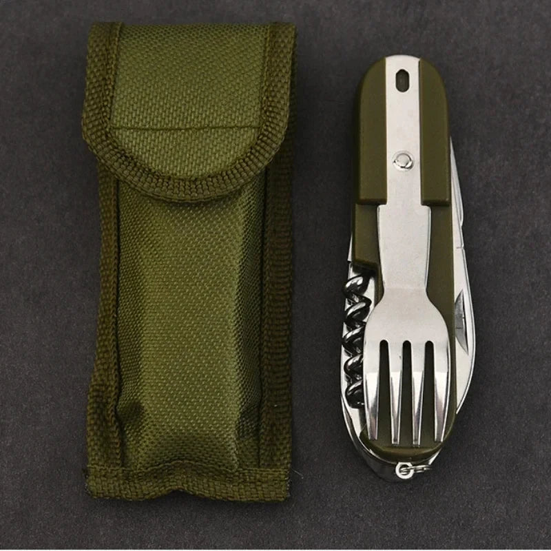 Outdoor Camp Tableware Survival Tools 7 in 1 Multifunctional Stainless Steel Foldable Fork Spoon Knife Picnic Camping Dinnerware