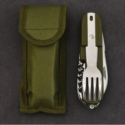 Outdoor Camp Tableware Survival Tools 7 in 1 Multifunctional Stainless Steel Foldable Fork Spoon Knife Picnic Camping Dinnerware